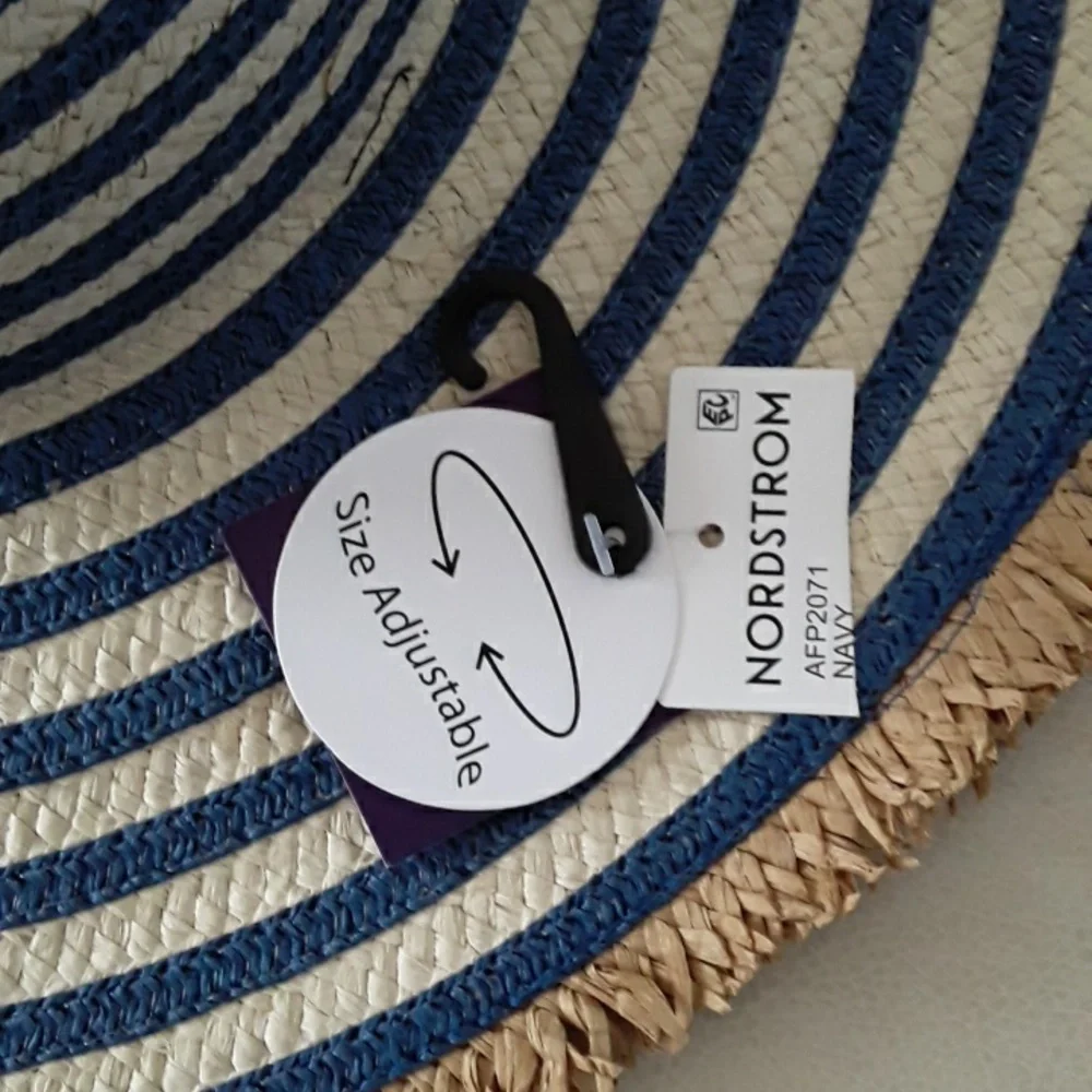 NWT DAVID and YOUNG Floppy Wide Brim w/fringe Hat, Blue/cream - Picture 5 of 11